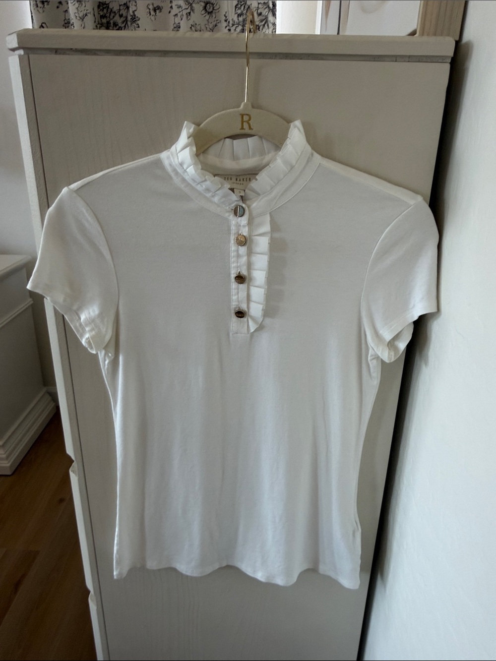 Ted Baker White Ruffle Henley Short Sleeve Top